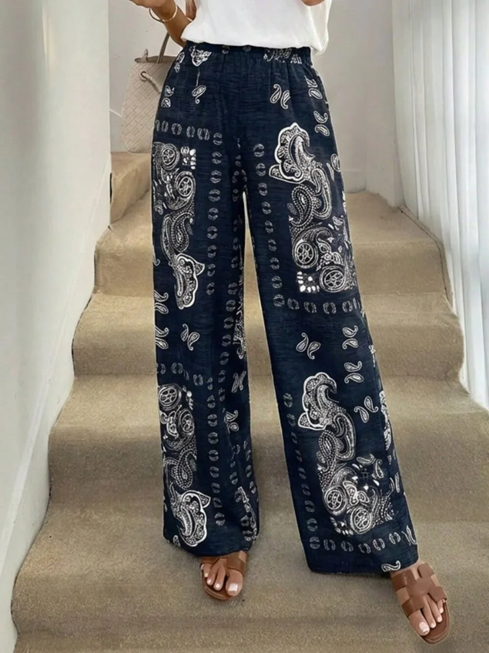 Navy Blue Boho Women's Long Printed Maxi Trousers